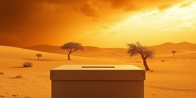 Una paleta de colores ocres y dorados, representando un paisaje árido con un solitario olivo bajo un cielo plomizo. En primer plano, una urna electoral vacía, con un ligero efecto de distorsión, como si la imagen estuviera vista a través del calor. Estilo pictórico impresionista, con pinceladas sueltas y texturizadas que transmitan una sensación de desolación y nostalgia.