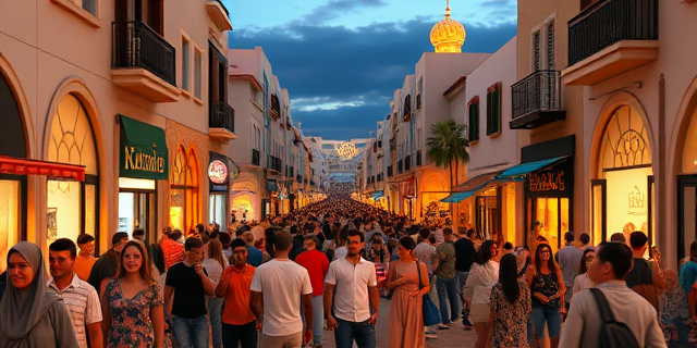 Una escena urbana en una avenida de Almería con multitudes de jóvenes, textiles coloridos, símbolos islámicos y edificios modernos iluminados al atardecer, reflejando la convivencia intergeneracional y la dinámica cultural.