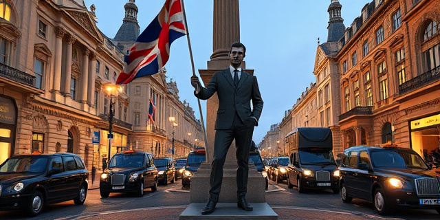 Una estatua de un hombre de traje parado en la acera de una calle de Londres, con una bandera que flota a su izquierda y un pedestal alto detrás, rodeada de monumentos históricos y taxis negros, bajo la luz tenue de la noche.