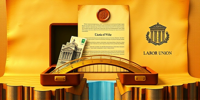 Una ilustración conceptual y satírica. Un maletín de cuero antiguo abierto del que brotan billetes modernos que forman un puente dorado sobre un abismo financiero. De un lado del puente, un edificio institucional clásico; del otro, un logotipo abstracto de un sindicato. Al fondo, un testamento amarillento con un sello de lacre, flotando en un aire de ironía burocrática. Estilo editorial de revista económica, colores contrastados, sin rostros humanos.