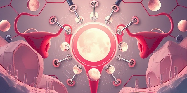 Una ilustración conceptual y surrealista que combine un calendario menstrual con elementos de laboratorio médico. Un escudo protector que se fragmenta según las fases de la luna, representando la inmunidad fluctuante, con colores suaves pero contrastes fuertes, estilo arte digital editorial moderno.