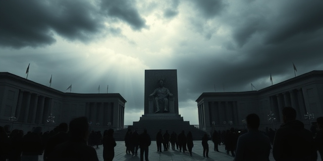 Una plaza pública con una estatua abstracta de un trono vacío, rodeada de sombras que sugieren figuras protestando pacíficamente. El cielo es gris tormentoso, pero hay un rayo de luz que ilumina la estatua. Estilo pictórico expresionista, colores oscuros y contrastados.