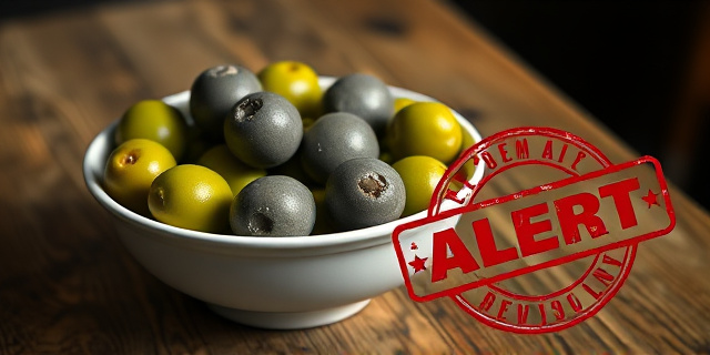 Una imagen conceptual y satírica. Un cuenco de aceitunas verdes sobre una mesa de madera rústica, pero algunas aceitunas están hechas de metal gris plomo brillante y pesado. Al lado, un sello oficial de la Unión Europea con tinta roja que dice 