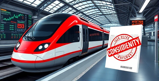 Imagen de un tren de alta velocidad en una estación, con gráficos de acciones en el fondo y un sello de confidencialidad sobre un documento