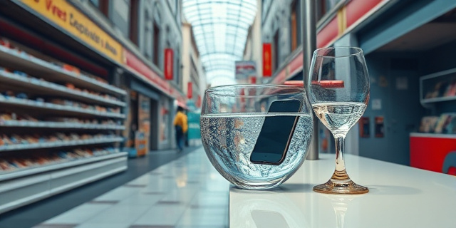 Una ilustración conceptual y satírica que muestre una calle comercial dividida en dos realidades: un lado con estanterías vacías y caos, y el otro lado con un smartphone de lujo sumergido en un vaso de agua sobre un mostrador elegante. Estilo editorial de revista, colores contrastados, atmósfera de tensión urbana.