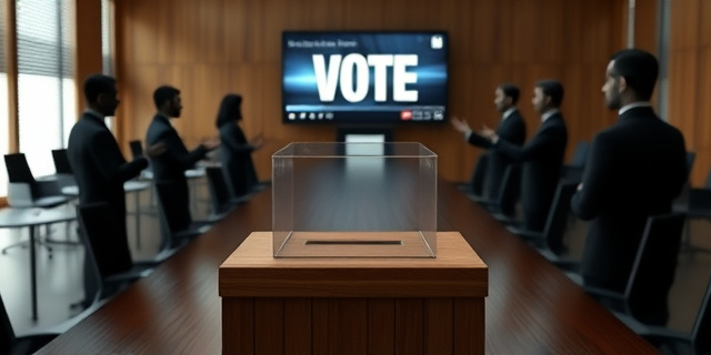 Una urna de votación de aspecto común, con una base de madera y un visor de cristal, rodeada de un salón de reuniones con mesas redondas y sillas de oficina, donde varias figuras en trajes negros discuten acaloradamente. Al fondo, una pantalla proyecta un video con gráficos de votos. La escena transmite tensión y conspiración.