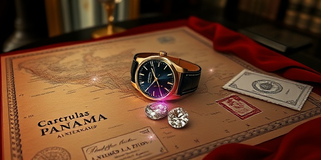 Una ilustración conceptual y satírica. Un reloj de lujo y diamantes brillantes colocados sobre un mapa antiguo que conecta Caracas, Panamá y Madrid. El fondo es un despacho elegante pero oscuro, con documentos legales y sellos oficiales asomando bajo un mantel de terciopelo rojo. Estilo editorial de revista financiera, colores contrastados, atmósfera de misterio y opulencia.