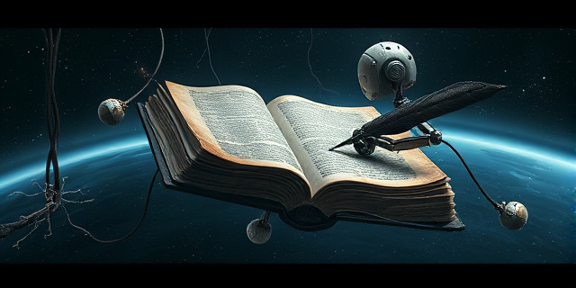 Una ilustración conceptual de una enciclopedia digital antigua y polvorienta flotando en el vacío del espacio, con cables rotos y chispas eléctricas, mientras un robot oxidado intenta escribir en sus páginas con una pluma rota. Estilo surrealista, colores fríos y atmósfera de abandono tecnológico.