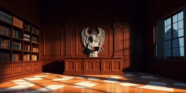 Una sala de juzgado con luz tenue, estanterías repletas de libros de leyes y una gran placa de hierro. Un juez con bata blanca sostiene un expediente mientras una sombra de un edificio gubernamental se proyecta sobre el suelo. La escena evoca autoridad, misterio y la sensación de que el dinero público se esconde detrás de papeles.