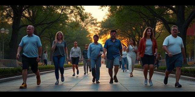 Una escena urbana al atardecer con personas de distintas edades caminando por un parque, zapatillas modernas, postura erguida y respiración profunda, luz cálida y árboles que filtran la luz; sin rostros reconocibles ni nombres propios.