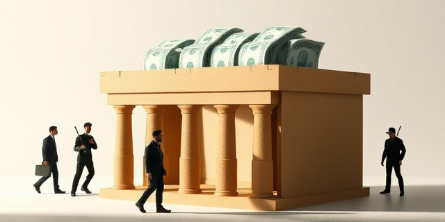 Un edificio de cartón con columnas de papel que sostienen un techo de billetes de pensión, rodeado de sombras que representan a trabajadores que mueren antes de la jubilación, con una gran balanza que muestra 12-20 % de dinero sin devolución, sin rostros de personas reales, estilo ilustración editorial
