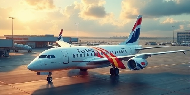 Una imagen de un avión de Plus Ultra en un aeropuerto, con un fondo de noticias sobre la guerra de Irán y el precio del petróleo