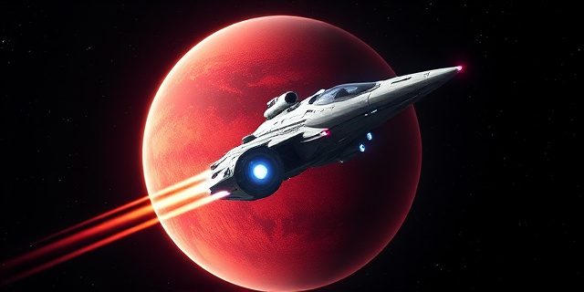 Una representación artística de una nave espacial estilizada, pasando rápidamente frente a un planeta rojo y desértico. La nave debe tener un diseño futurista, con luces brillantes y detalles intrincados. El planeta debe ser representado con texturas y colores realistas, transmitiendo una sensación de inmensidad y misterio. El fondo debe ser un espacio oscuro y estrellado, con nebulosas y galaxias distantes. Estilo: arte digital, ciencia ficción, hiperrealismo.  Sin rostros humanos.