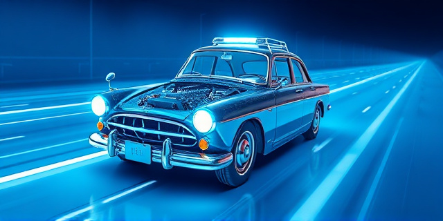Una ilustración conceptual y surrealista de un navegador web representado como un motor de coche antiguo siendo optimizado con piezas de neón futuristas. Alrededor, carriles de datos que fluyen como autopistas rápidas, estilo arte digital limpio, colores azul y blanco predominantes, sin texto.