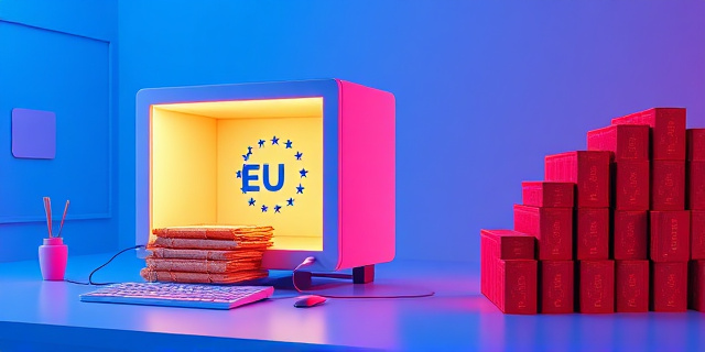 Una ilustración satírica de estilo editorial. Un ordenador moderno y brillante con el logo de la Unión Europea, que funciona como una fábrica: por un lado entran documentos antiguos y amarillentos de finales del siglo XIX, y por el otro lado salen miles de pasaportes españoles nuevos y brillantes que se convierten en papeletas de voto. Fondo minimalista en tonos azules y rojos, con un aire de oficina burocrática surrealista.