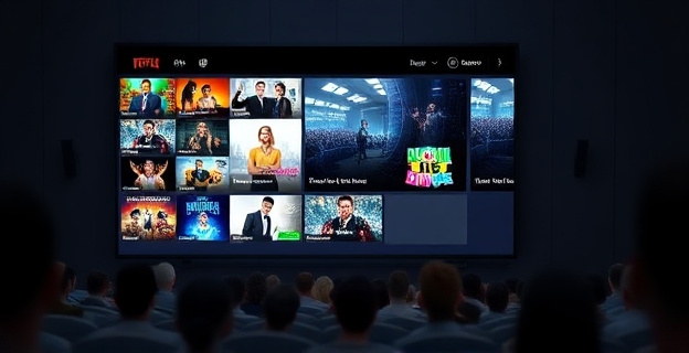 Una pantalla de televisión mostrando una mezcla de programas de entretenimiento y reality shows con una audiencia desinteresada al fondo