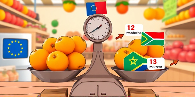 Ilustración con estilo caricaturesco de un mercado de frutas donde una balanza de cocina se inclina dramáticamente: en un lado, manzanas y naranjas con la bandera de la UE, y en el otro, mandarinas de Sudáfrica, Marruecos y Perú con etiquetas numeradas y flechas que indican el crecimiento de las importaciones.