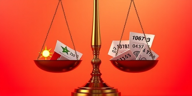 Una balanza de la justicia con un lado lleno de calor y sol (representando Marruecos) y el otro lado lleno de papeles y números fríos. Estilo pictórico, con colores cálidos y fríos contrastando fuertemente.  Sin rostros visibles.