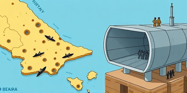 Una ilustración conceptual y satírica. Un mapa estilizado del Estrecho de Gibraltar donde las fronteras son representadas por un queso gruyere lleno de agujeros. Pequeñas siluetas de motos de agua y kayaks cruzan los agujeros. Al lado, un edificio moderno de seguridad con una puerta abierta y un conducto de ventilación gigante por el que salen figuras humanas, todo en un estilo de caricatura editorial periodística, colores contrastados, sin texto.