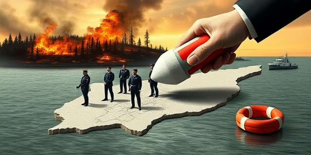 Una ilustración conceptual y satírica. Un mapa de Cataluña donde las figuras de guardias civiles están siendo borradas lentamente por un borrador gigante sostenido por una mano en traje formal. Al fondo, un bosque ardiendo y un mar con una boya de rescate solitaria. Estilo editorial de periódico, colores contrastados, atmósfera de vacío y negligencia.
