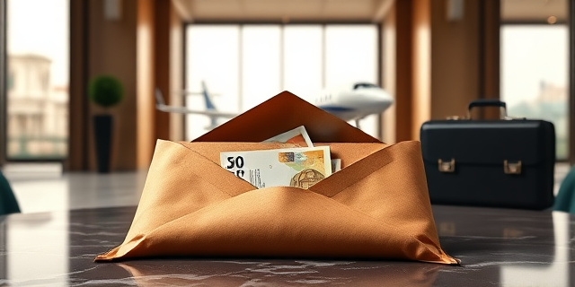 Una ilustración conceptual y satírica. En primer plano, un sobre de papel marrón grueso y desgastado sobre un mostrador de mármol de una portería elegante de Madrid. Del sobre asoman billetes de euros. Al fondo, desenfocado, la silueta de un avión comercial de lujo y un maletín diplomático. Estilo de dibujo editorial de prensa, con colores contrastados, sombras marcadas y un aire de misterio y corrupción corporativa.