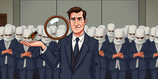 Una ilustración conceptual y satírica. Un hombre con traje elegante sostiene una lupa gigante y brillante sobre un pequeño insecto en un lado, mientras que detrás de él, una multitud de personas idénticas con trajes similares están envueltas en mantas invisibles que los ocultan de la vista. Estilo de caricatura editorial de periódico, colores contrastados, fondo minimalista de oficina gubernamental.