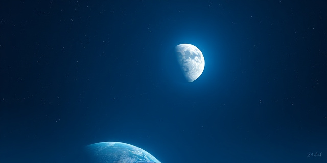Representación artística abstracta del cielo nocturno de junio. Venus y Júpiter como dos esferas brillantes, casi tocándose. Tonos pastel y azules profundos. La Tierra en la esquina inferior, pequeña y distante. Estilo impresionista.