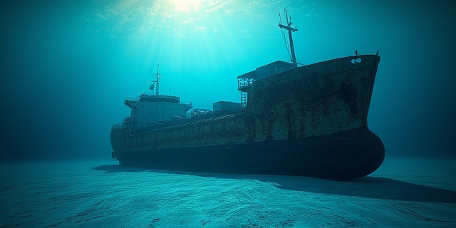 Una ilustración cinematográfica y melancólica de un barco carguero oxidado y partido en dos en el fondo del océano profundo. Rayos de luz solar filtrándose débilmente a través del agua azul oscura, resaltando la textura del metal corroído y la arena blanca del fondo marino. Estilo hiperrealista, atmósfera de silencio y respeto, sin figuras humanas visibles.
