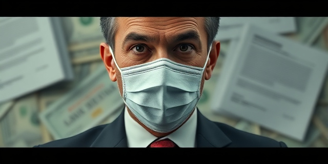 Una imagen de un politician con una mascarilla, con un fondo de dinero y documentos