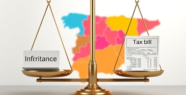 Una balanza desequilibrada con una herencia en un platillo y una factura de impuestos en el otro, con un mapa de España al fondo dividido en regiones con diferentes colores representando la carga fiscal variable.
