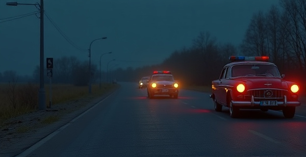 Carretera con balizas V16 iluminadas en medio de la noche, con un fondo de una carretera en mal estado y coches antiguos circulando
