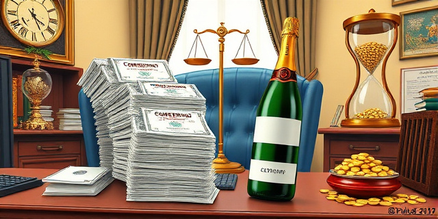 Una ilustración satírica estilo caricatura editorial. Un escritorio de oficina gubernamental lujoso donde los expedientes de 