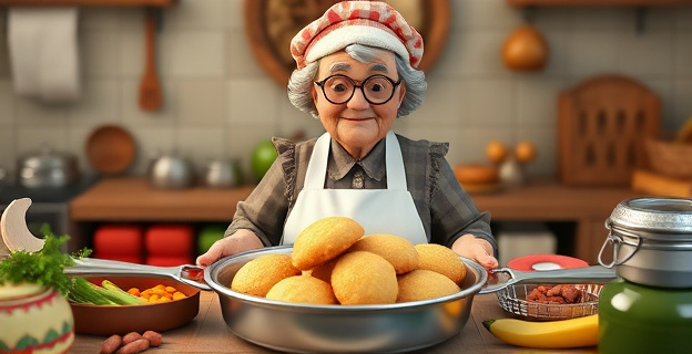 Una abuela cocinera con delantal y gorro de cocina, rodeada de ingredientes y utensilios de cocina, con una sartén de croquetas fritas en el centro