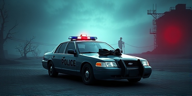 Una escena surrealista. Un coche de policía brillante y nuevo, con un lazo gigante, aparcado en un paisaje árido y peligroso. Al fondo, siluetas amenazantes y una luz rojiza que simboliza el peligro. Estilo pictórico, colores contrastados, atmósfera opresiva.