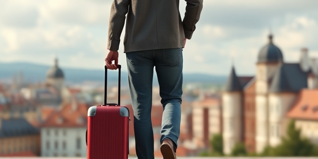 Una imagen de una persona con una maleta en la mano, mirando hacia un horizonte incierto, con una ciudad europea al fondo.
