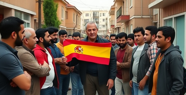 Una escena callejera tensa en un barrio residencial donde un grupo de personas de origen magrebí rodea a un residente que sostiene una bandera española, con expresiones de hostilidad en sus rostros.