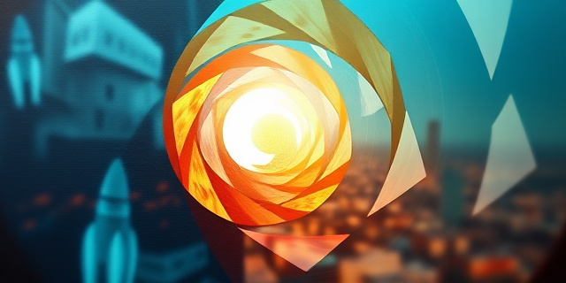 Una representación abstracta de una trayectoria vital en espiral ascendente y descendente, utilizando colores fríos y cálidos que simbolizan los altibajos de la vida. Formas geométricas que sugieren cohetes, prisiones y paisajes urbanos difuminados. Estilo pictórico, óleo sobre lienzo.