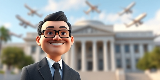 Un hombre de negocios sonriente frente a un edificio gubernamental, con un fondo de aviones en vuelo