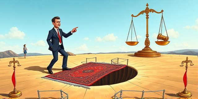 Una ilustración satírica estilo caricatura editorial. Un hombre con traje elegante intenta cubrir un enorme agujero en el suelo con una alfombra pequeña y rota, mientras señala con el dedo hacia una mujer que está lejos, en un paisaje diferente y despejado. Al fondo, una balanza de la justicia totalmente desequilibrada con un mazo judicial cayendo sobre la alfombra. Colores vibrantes, trazo ácido.