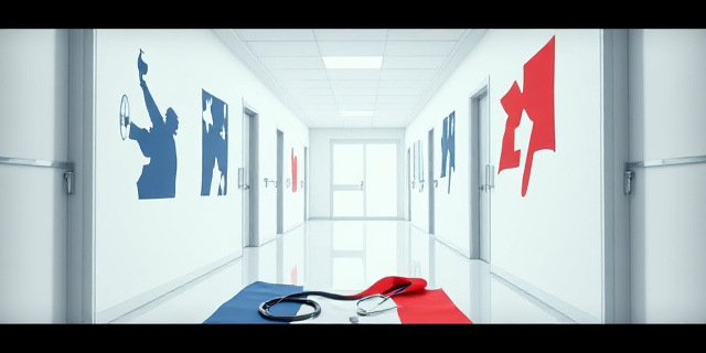 Una ilustración conceptual y satírica de un pasillo de centro médico moderno y blanco. En las paredes se ven siluetas de carteles políticos abstractos y banderas desgarradas. En el suelo, un estetoscopio entrelazado con una bandera, simbolizando el conflicto entre la medicina y la ideología. Estilo editorial de revista, colores contrastados, atmósfera tensa pero limpia.