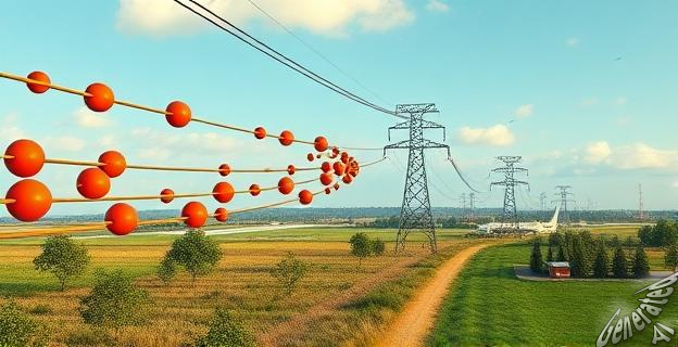Imagen de cables de alta tensión con bolas naranjas, rojas y blancas, instaladas en un paisaje rural cerca de un aeropuerto.