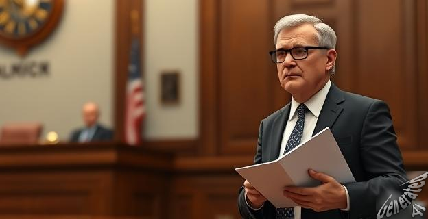 Un fiscal general del Estado en una sala de tribunal, con una expresión seria y documentos en la mano, mientras un juez dicta sentencia.