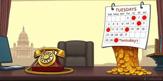 Una ilustración satírica estilo caricatura editorial. Un escritorio de oficina lujoso donde un teléfono antiguo de disco está conectado mediante un cable de oro a una tubería industrial gigante que gotea monedas de oro. En el fondo, una sombra de un edificio gubernamental y un calendario marcando dos martes consecutivos con círculos rojos. Colores contrastados, atmósfera de cinismo corporativo.