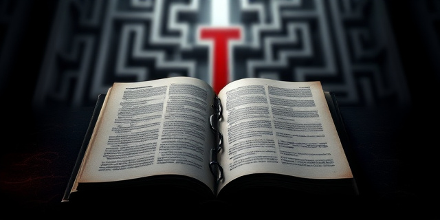 Imagen conceptual que representa una agenda abierta con letras difuminadas y un laberinto intrincado en el fondo. La iluminación debe ser dramática, con sombras proyectando formas amenazantes. Colores oscuros y saturados, con un toque de rojo para simbolizar el peligro. Estilo pictórico, con pinceladas expresivas y texturas ricas. Debe evocar una sensación de intriga y conspiración, pero sin mostrar rostros ni elementos identificables.