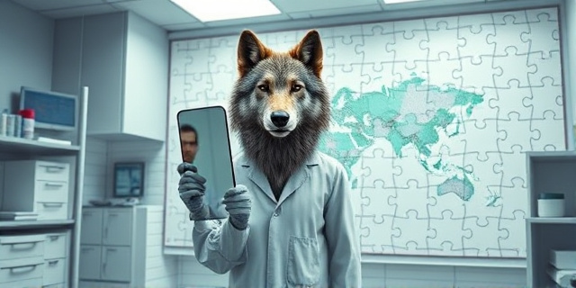 Una ilustración conceptual y satírica que muestre un laboratorio moderno y esterilizado donde un científico sostiene un espejo frente a un lobo gris que lleva puesto un disfraz de piel de lobo prehistórico mal ajustado. Al fondo, un mapa genético del ADN fragmentado como si fuera un rompecabezas incompleto. Estilo editorial de revista, colores contrastados, atmósfera de ironía científica.