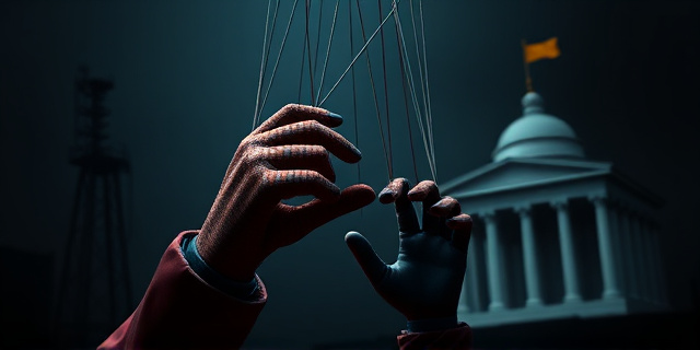 Una marioneta con los colores del PSOE manipulando hilos que conectan una torre de petróleo con un edificio gubernamental. La escena debe ser oscura y con sombras, estilo neo-noir, enfatizando la manipulación y el engaño. El foco debe estar en las manos de la marioneta y los hilos.