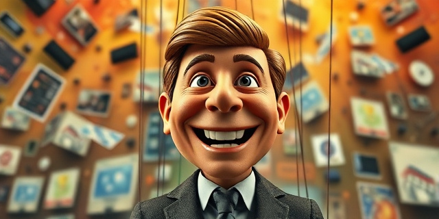 Una marioneta con los rasgos de un político sonriente, manipulada por hilos invisibles que provienen de una pantalla de televisión. Fondo caótico y colorido con fragmentos de noticias distorsionadas. Estilo pictórico expresionista y satírico.