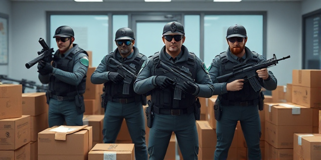 Un grupo de agentes de Vigilancia Aduanera con armas y chalecos antibalas, rodeados de cajas y documentos, con un fondo de una oficina gubernamental