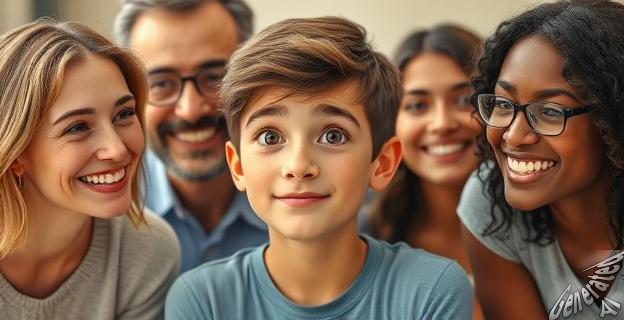 Una imagen de un adolescente con una expresión pensativa, rodeado de familiares sonrientes que le ofrecen apoyo y refuerzo positivo.