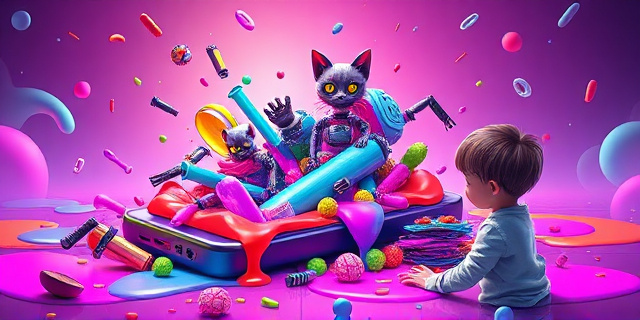 Una ilustración satírica de un teléfono inteligente donde la pantalla se desborda como un cubo de basura lleno de colores neón líquidos, figuras surrealistas deformes y gatos robóticos, mientras un niño pequeño mira la pantalla hipnotizado. Estilo arte conceptual moderno con colores vibrantes y atmósfera distópica.